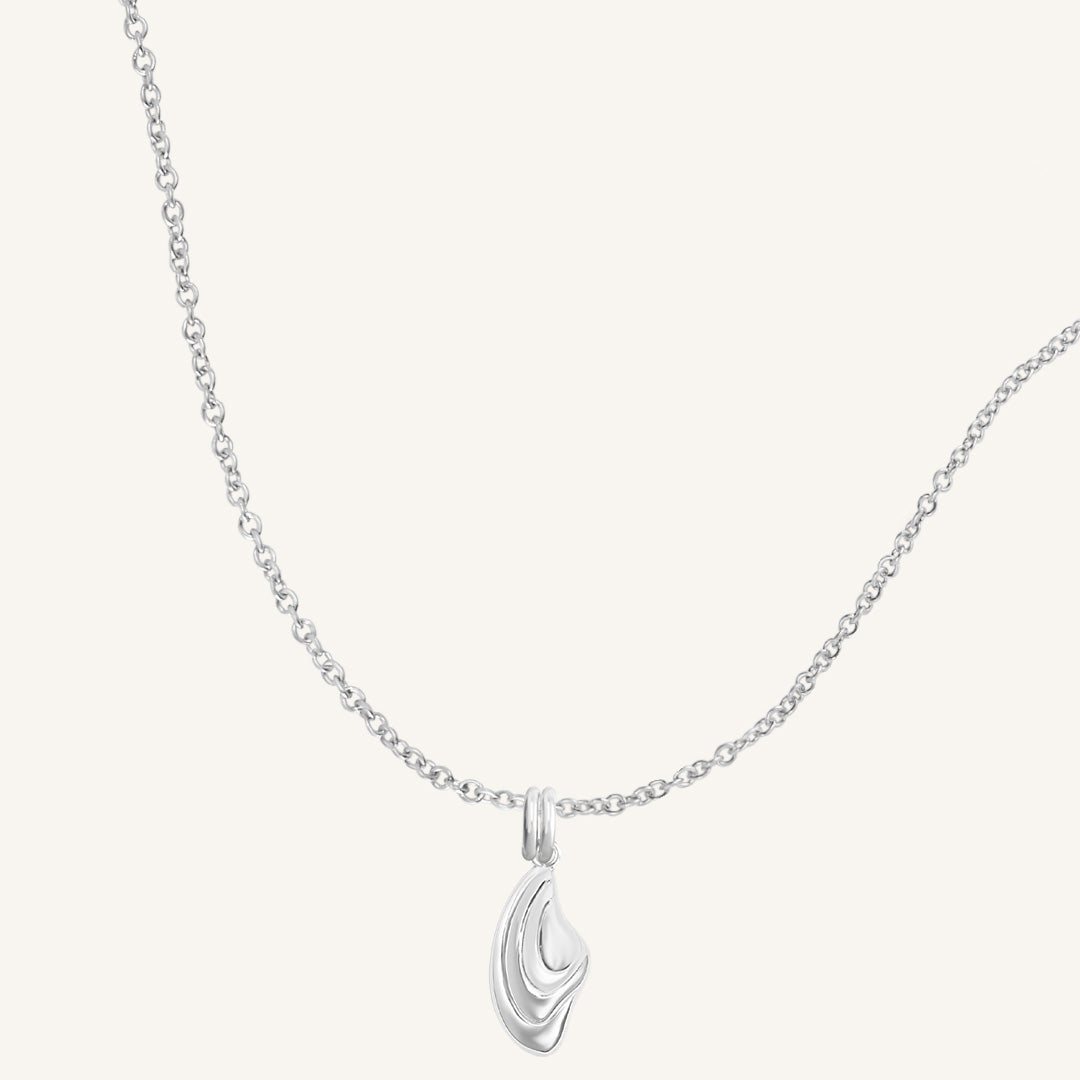 Silver necklace with a leaf-shaped pendant on a light gray background