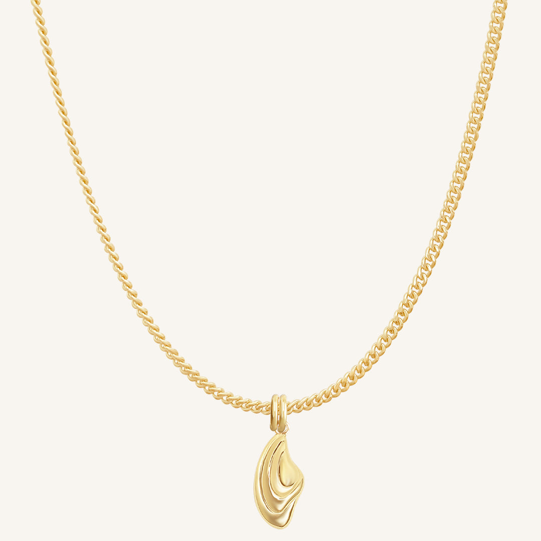 Gold necklace with a leaf-shaped pendant on a white background