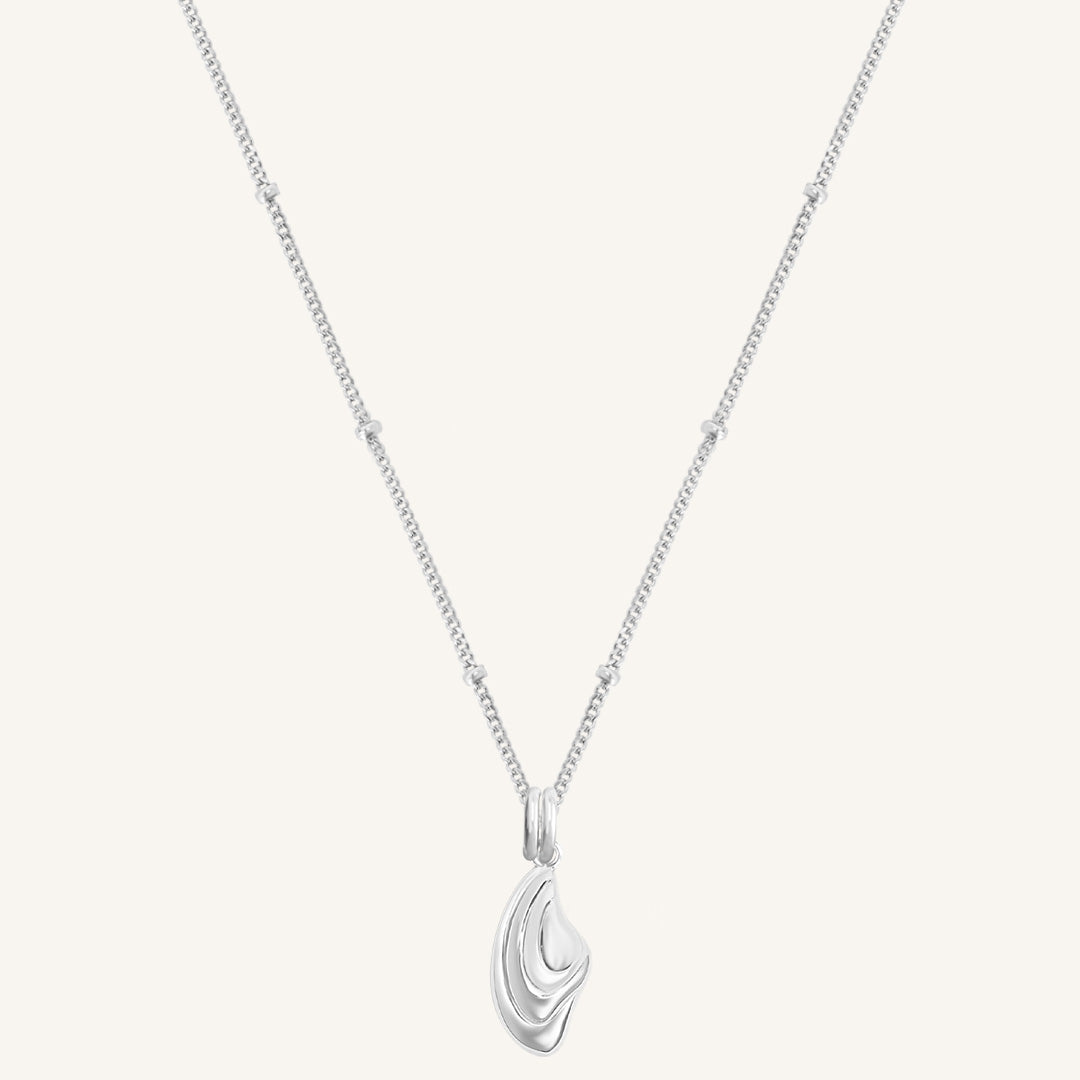 Silver necklace with a teardrop pendant on a white background