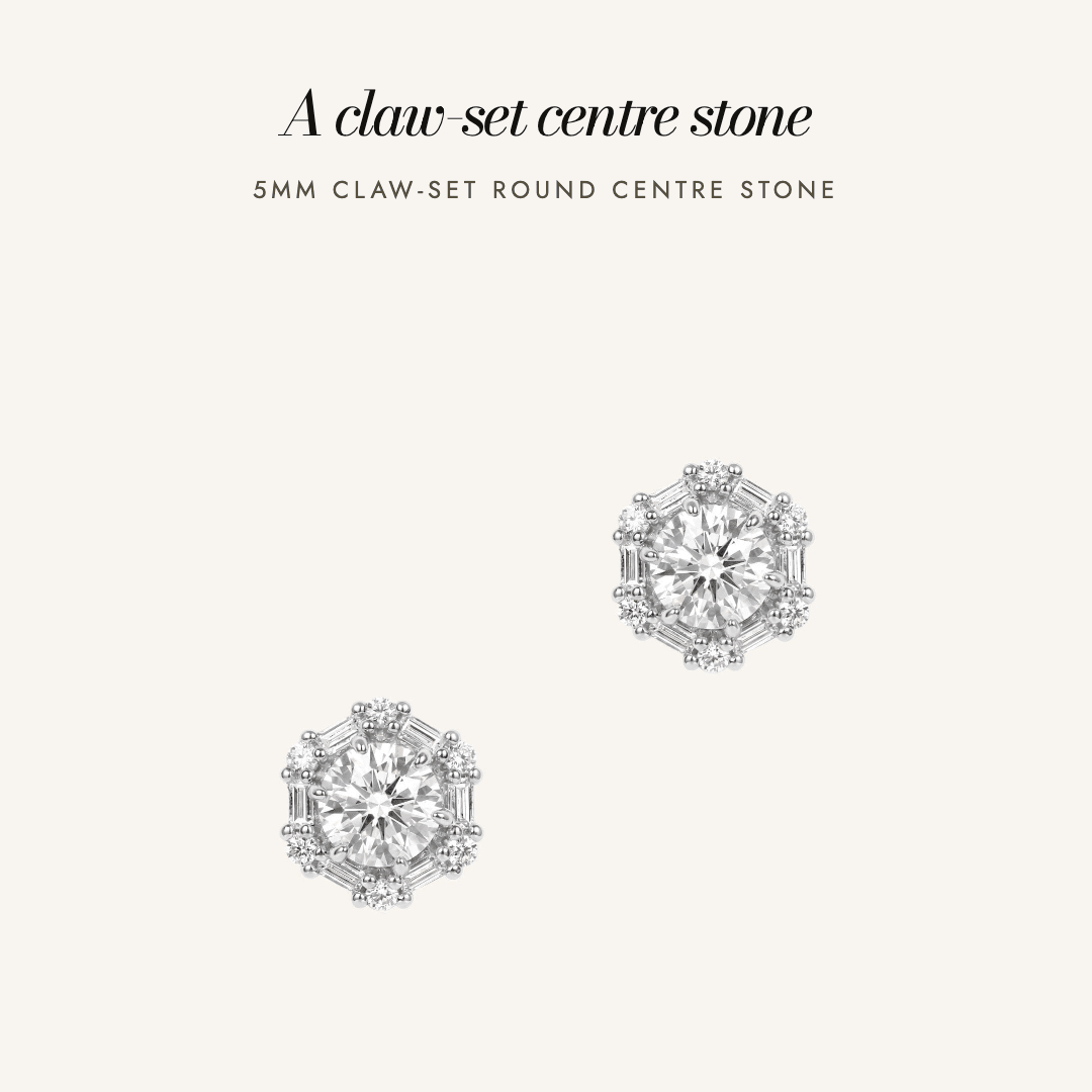 Delilah Halo Studs in silver — a 5mm claw-set round centre stone