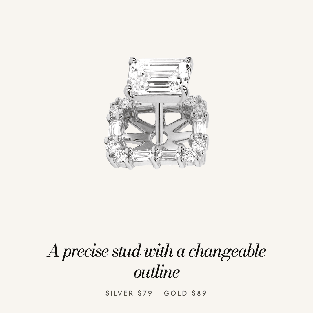 Florence Halo Studs in silver — a precise stud with a changeable outline. Silver $79, gold $89