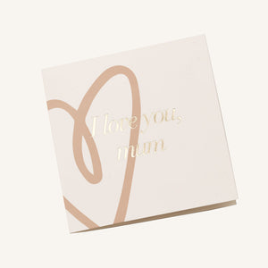 A selection of greeting cards displayed on a neutral background, featuring designs such as 'Happy Mother's Day', hearts, and the words 'mum' along with a general 'Love you mum' message.